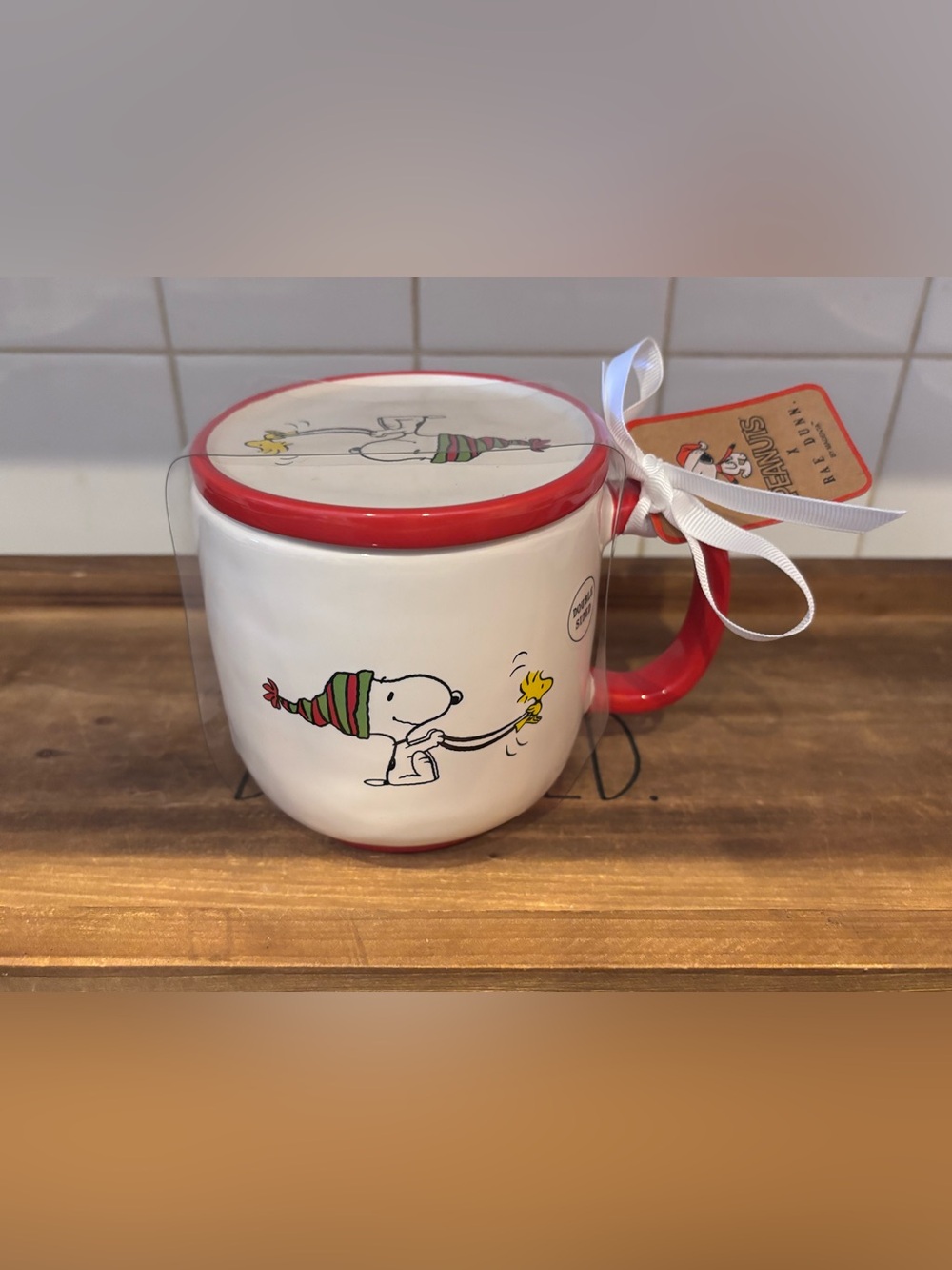 Rae Dunn White and Red Snoopy Holiday Mug with Coster/Lid
